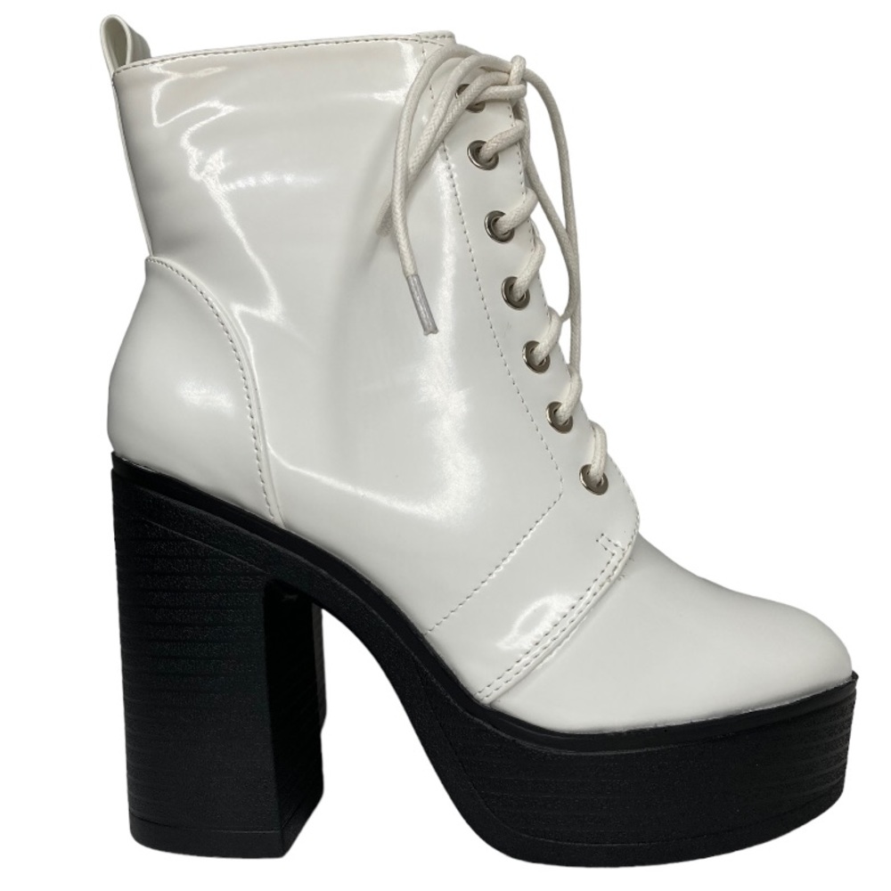 ALLEGRA K White Patent Leather Platform Lace Up Chunky Heel Combat Boots, 7.5